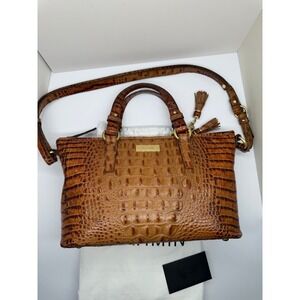 Brahmin Toasted Almond Croc Embossed Leather Satchel Crossbody Bag with Tassels